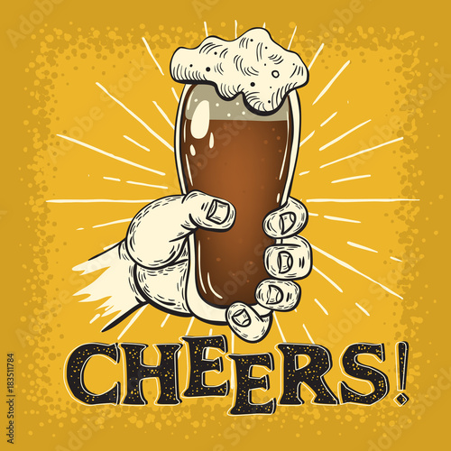 A Hand Holding A Pint Glass Of Dark Beer Vintage Influenced Poster Design. Cheers Headline. Artistic Hand Drawn Sketchy Line Art Style.