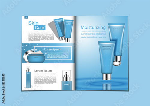 Skin care products with template on blue and white magazine