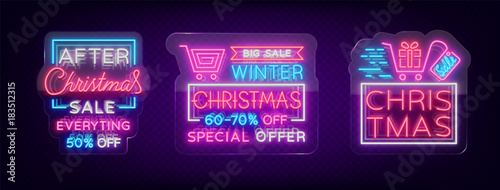 Christmas sales, collection neon signs signs advertising bright festive discounts. Set of cards New Year sales, a luminous banner. Winter discounts, flyers for your projects. Vector illustration