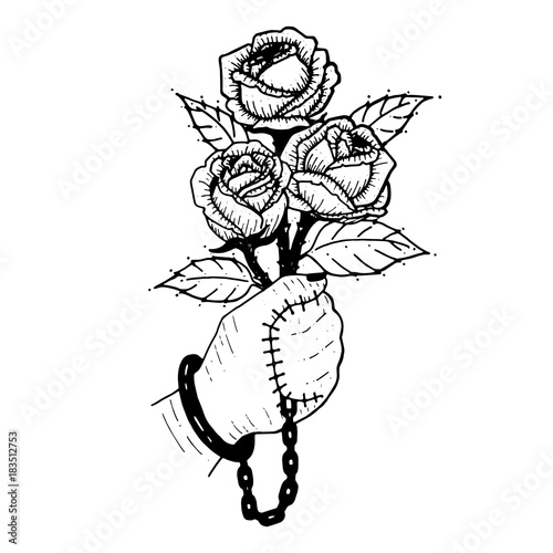 Hand with rose. bouquet of roses.  Hand are sealed with rose. symbol of love are pain for someone. dark side of love. line art vector illustration hand drawing.