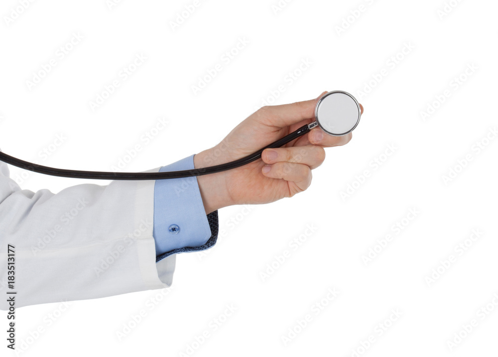 Doctor hand holding a stethoscope. Isolated on white background. Doctor hand holding a stethoscope. Isolated on white background.