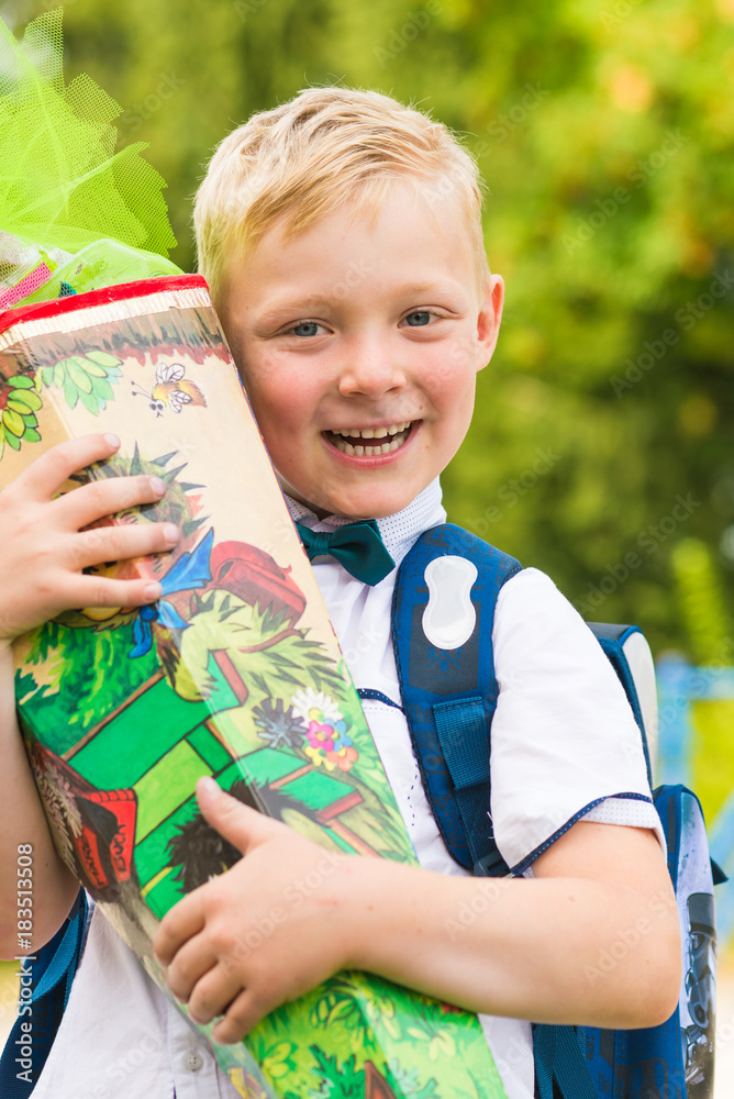fröhliche Einschulung blonder Junge mit Schultüte Stock Photo | Adobe Stock