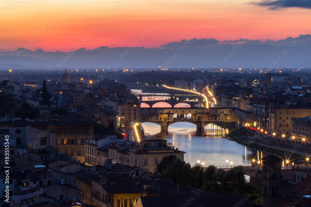 Great View of Ponte Vecchio at sunset, Firenze, Italy