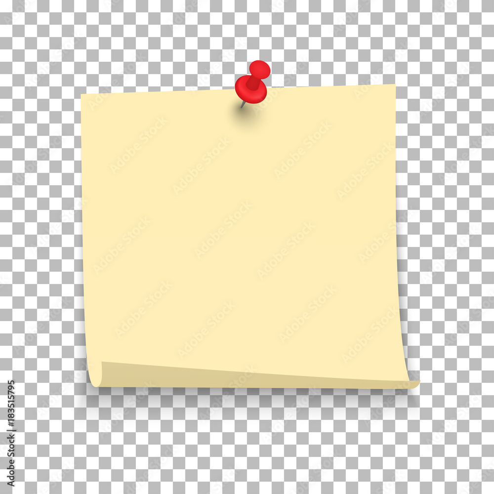 Yellow sheet of note paper with push pin on a transparent background.  Vector illustration Stock Vector | Adobe Stock
