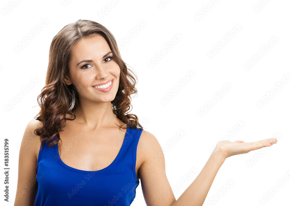 Beautiful young woman showing, on white Beautiful young woman showing, on white
