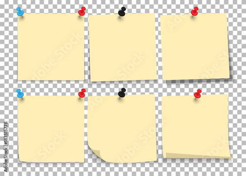 Set of sheets of notes paper with push pins on a transparent background. Vector illustration