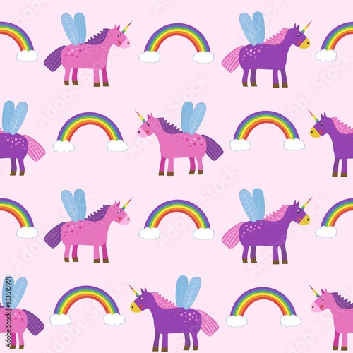Seamless pattern  background with unicorns and rainbows  a child s drawing. You can use for paper  textiles  packaging