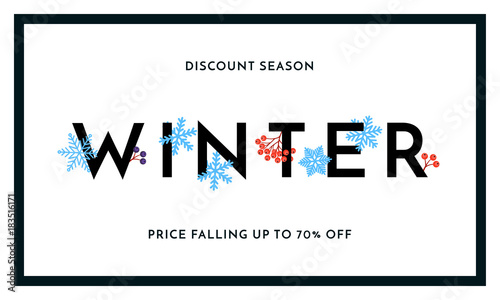 Winter sale discount season banner or poster design template. Vector winter holiday sale discount shopping text for price off reduce falling in frame on white snow and snowflakes background