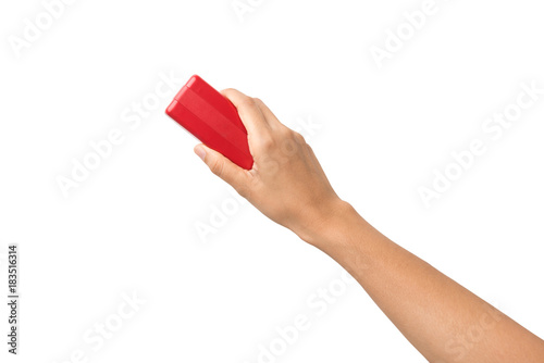 Hand holding brush erase isolated on white background