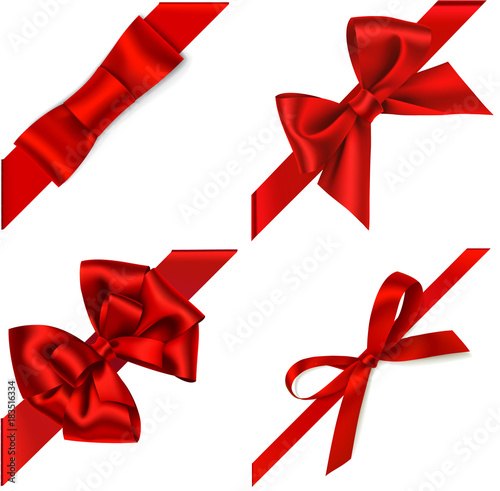 Vector set of red bow with diagonaly ribbon on the corner for gift decor