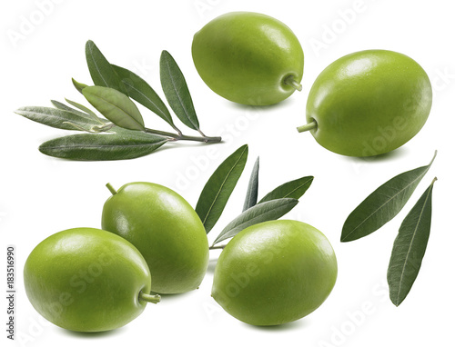 Green olives leaves set isolated on white background