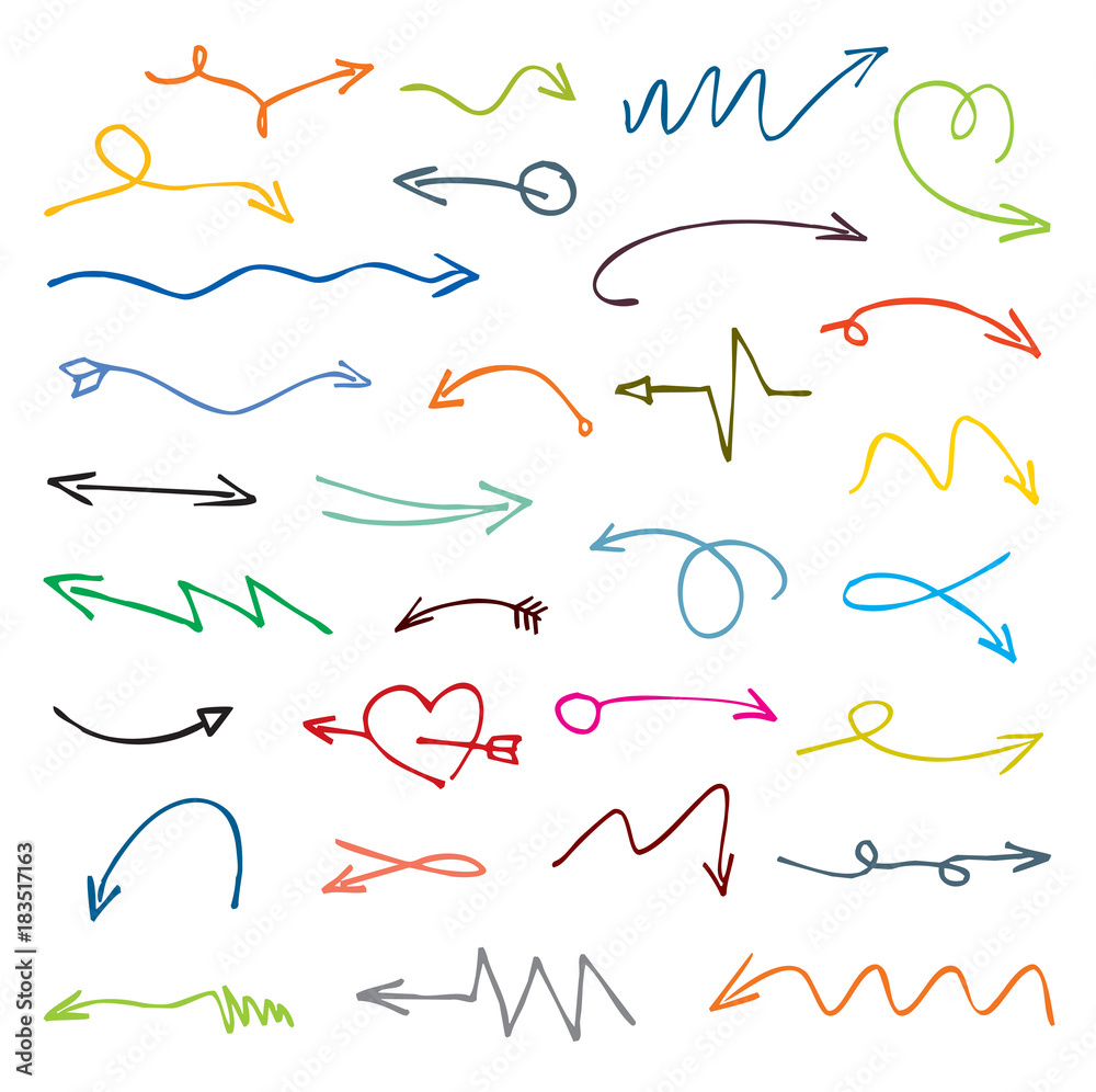 Set of color drawing Arrows. Vector Illustration.