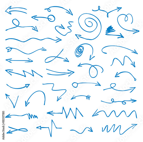 Set of blue drawing Arrows. Vector Illustration.