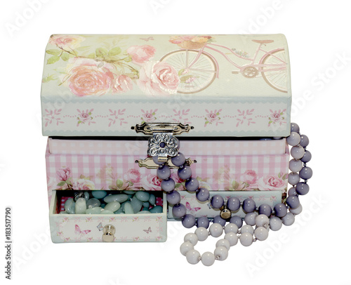 wooden box with fashion beads on white background. photo