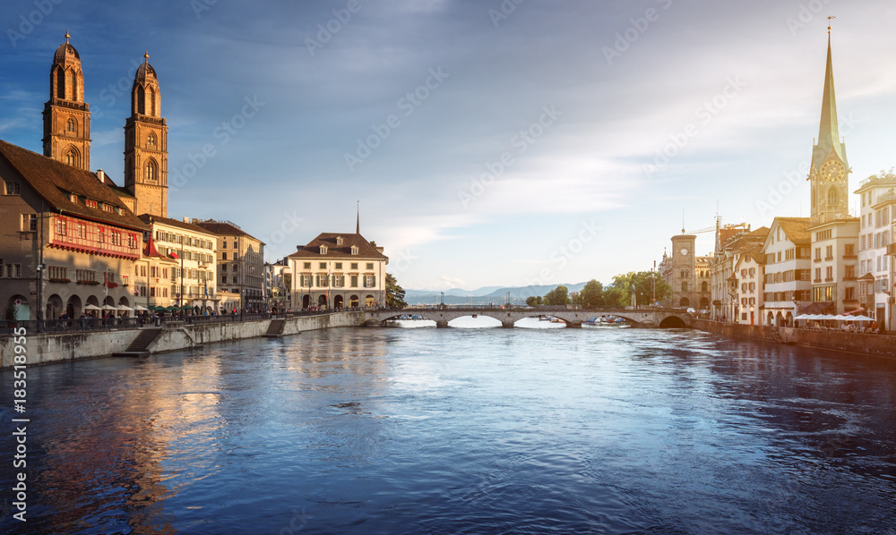 Zurich city center with famous Fraumunster, Grossmunster and St. Peter and river Limmat, Switzerland