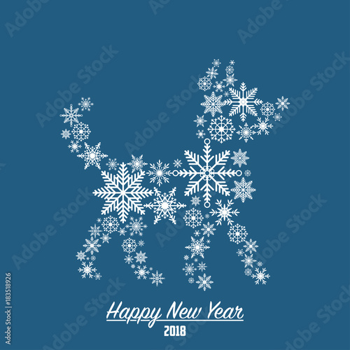 2018 Happy New Year card with dog made from snowflakes. Vector illustration.