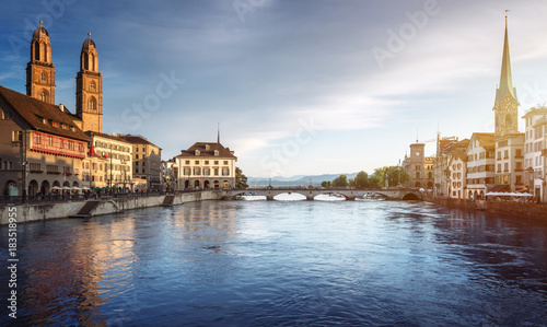 Zurich city center with famous Fraumunster  Grossmunster and St. Peter and river Limmat  Switzerland