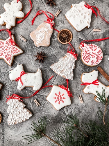 Christmas table. Becoration for Christmas and New Year. Homemade cookies with icing. Ginger cookies photo