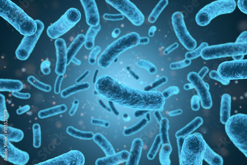 3D rendering bacteria closeup in blue background. photo