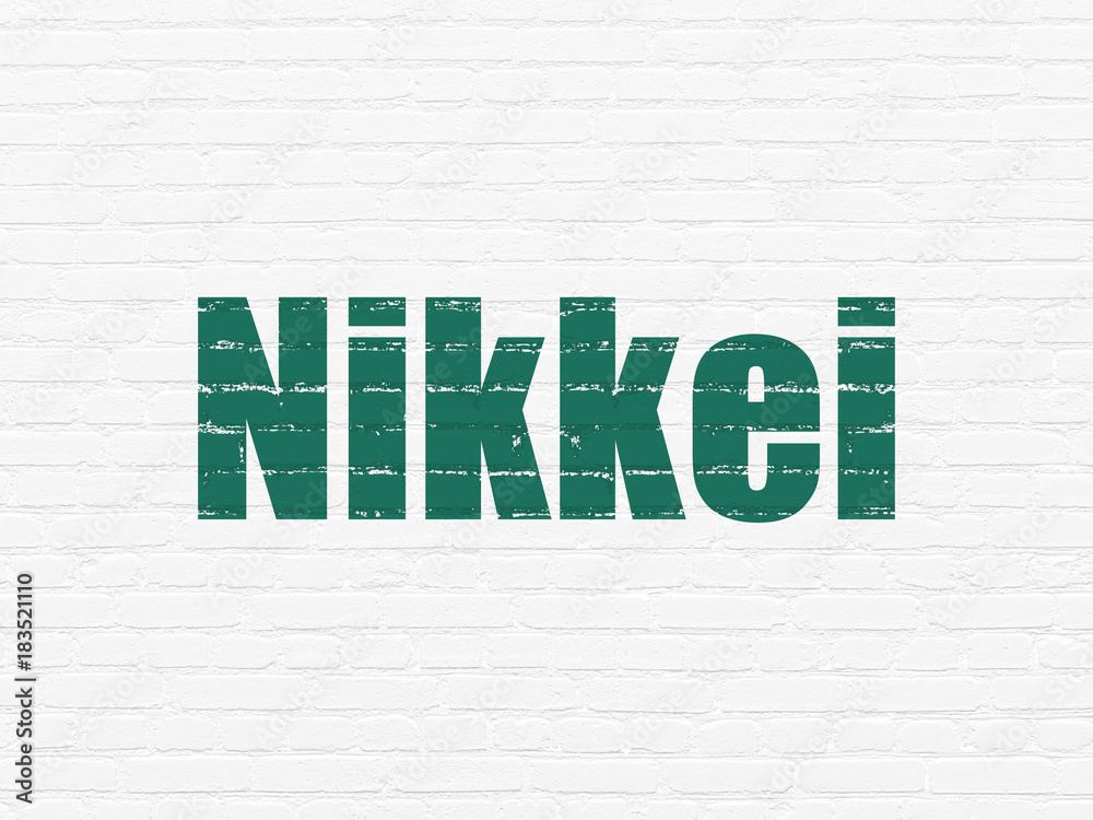 Obraz premium Stock market indexes concept: Painted green text Nikkei on White Brick wall background