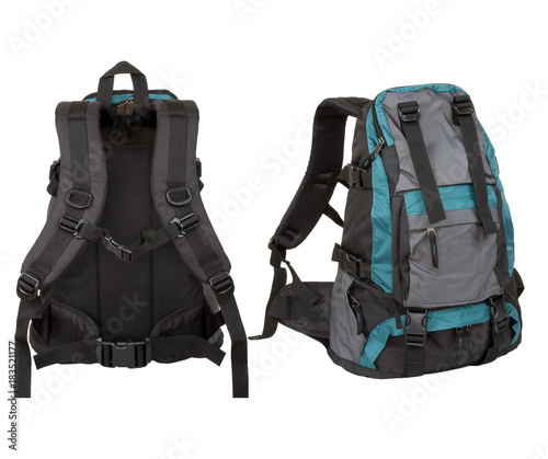 Blue backpack isolated on white background. photo