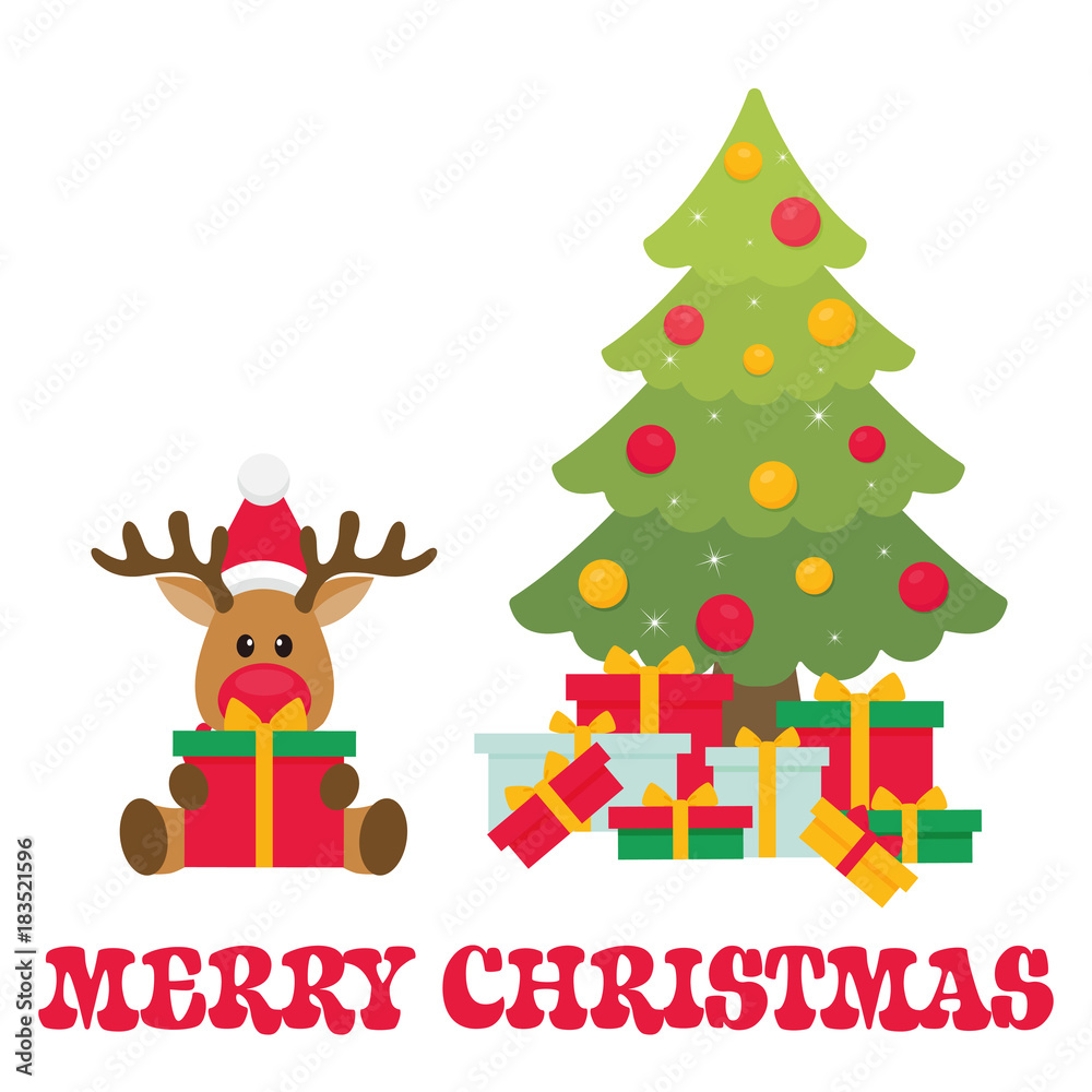 Naklejka premium cartoon christmas deer with gift and fir tree and text