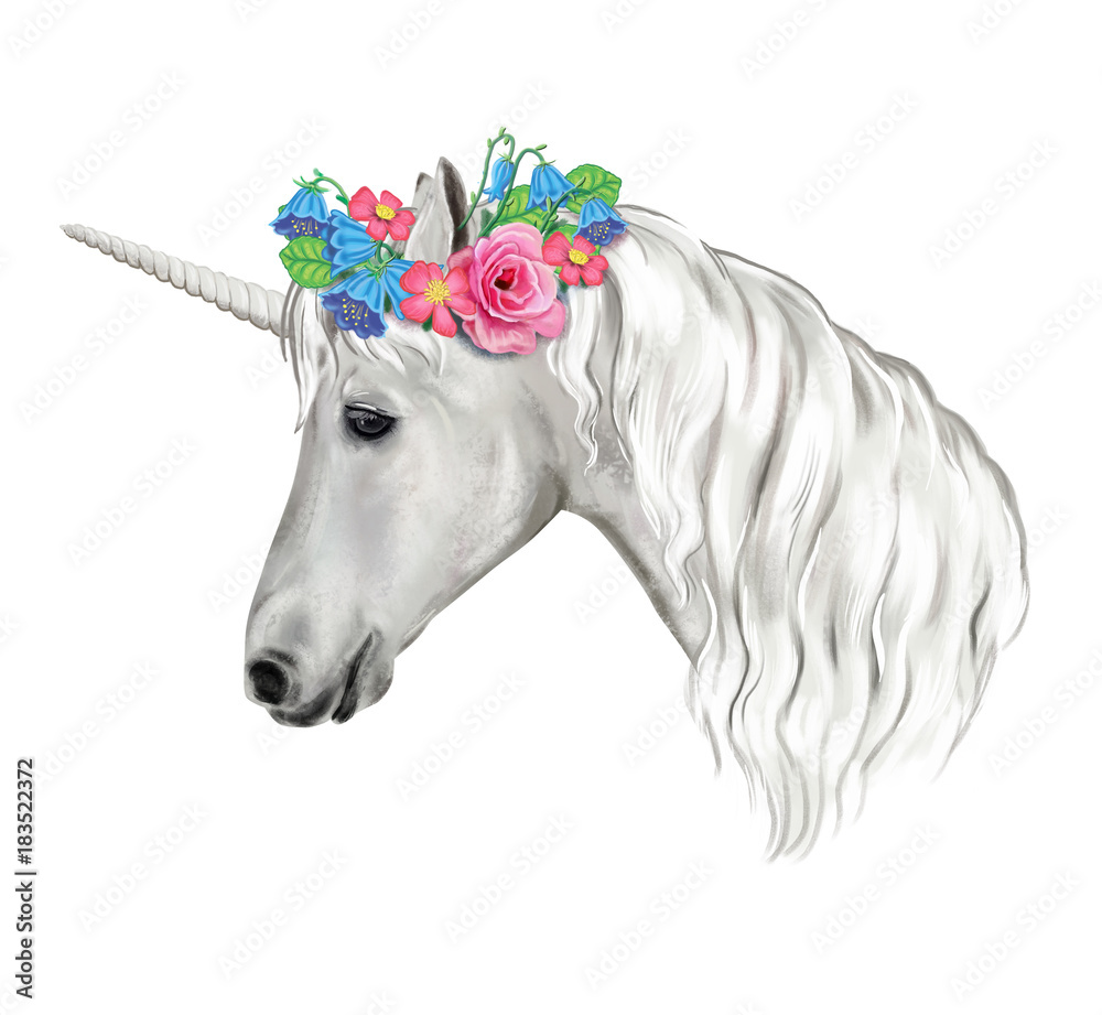 Naklejka Jednorożec z wieńcem kwiatów. Biały koń. Akwarela. Sztuka cyfrowa. Ilustracja. Szablon. Obrazek