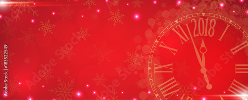 Vector 2018 Happy New Year  with gold clock on red background for your copy space.