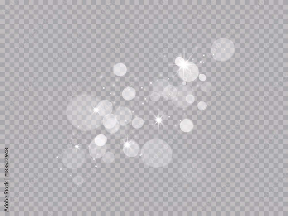 Abstract light blur bokeh effect on white transparent background. Vector lens flare light sparkles or shiny glittering glow stars for modern trendy design template - obrazy, fototapety, plakaty 