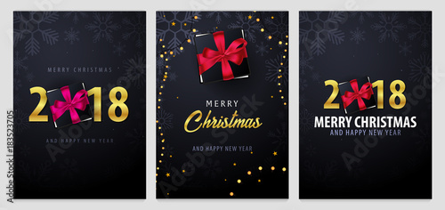 Set of Marry Christmas and Happy New Year banner on dark background with snowflakes and gift boxes. Vector illustration.