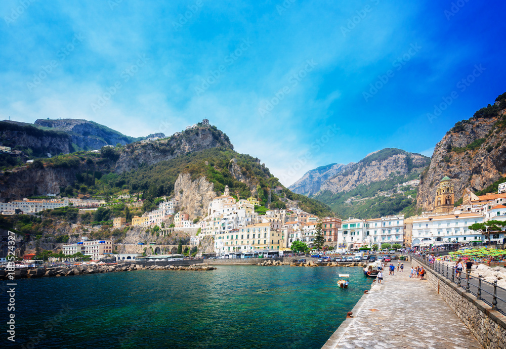 Amalfi town and Tyrrhenian sea waters, Italy, retro toned