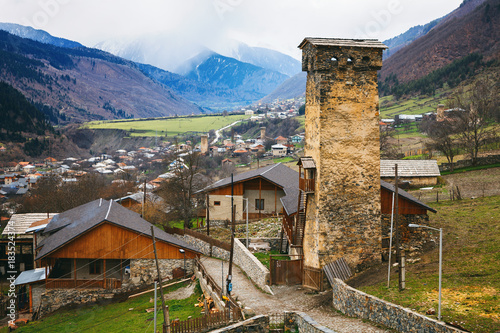 Panoramic view on Svan tower in Upper Svaneti village Mestia, Georgia photo