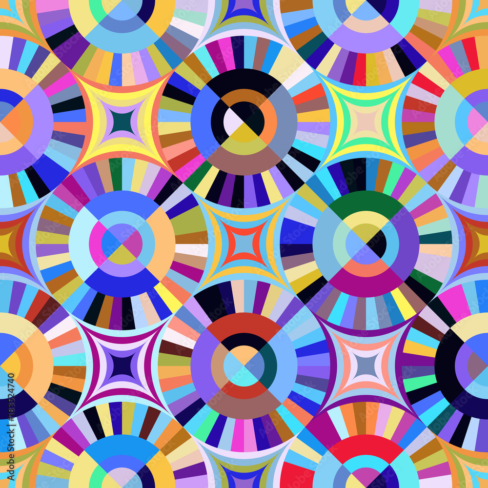 Abstract seamless pattern of lines and circles.