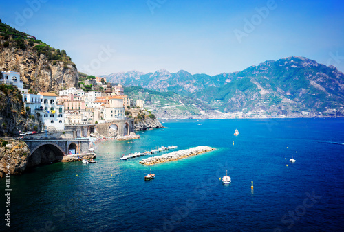 Fototapeta Naklejka Na Ścianę i Meble -  Amalfi summer coast and Tyrrhenian sea with boats, Italy, retro toned