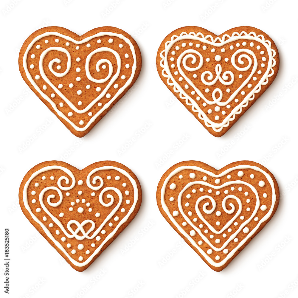Set of gingerbread christmas heart cookies with ornaments Set of gingerbread christmas heart cookies with ornaments