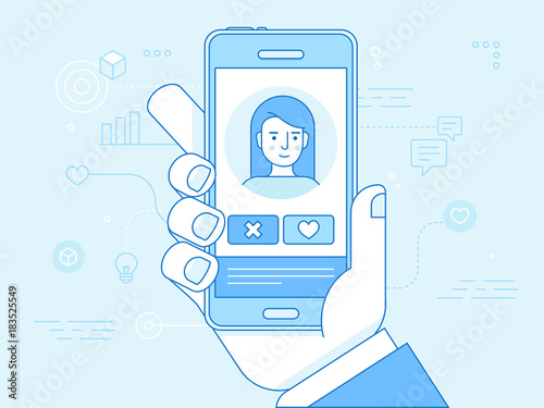 Vector flat linear illustration in blue colors  - online dating app concept