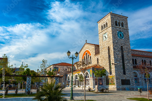 Beautiful Catholic church of the Annunciation, with wall paintings. Volos, Magnisia, Hellas, Greece - April 2017.