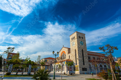 Beautiful Catholic church of the Annunciation, with wall paintings. Volos, Magnisia, Hellas, Greece - April 2017.