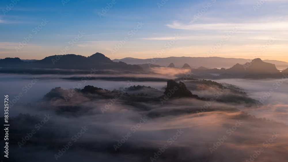 foggy landscape in north of Thailand with twilight sky 