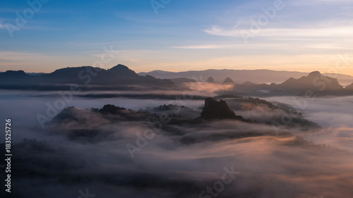 foggy landscape in north of Thailand with twilight sky 