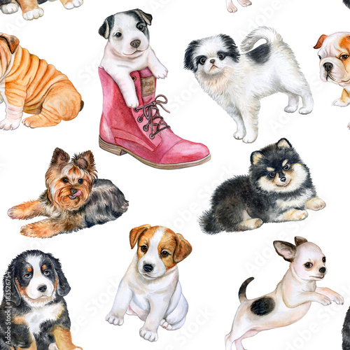Seamless pattern with puppies. Wallpapers with dogs. Watercolor. Illustration. © Yuliia