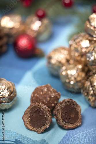 Pile of sweet round chocolate candies