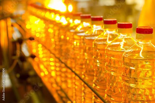 Oil in bottles. Industrial production of sunflower oil. Conveyor line for bottling and packing. Sunflower oil plant.