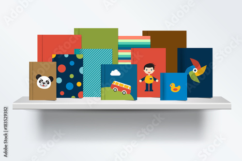 Children, kids Bookshelf. Front view of books cover standing on grey backgrou...