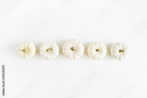 White pumpkins. Fall autumn minimal concept. Flat lay, top view.