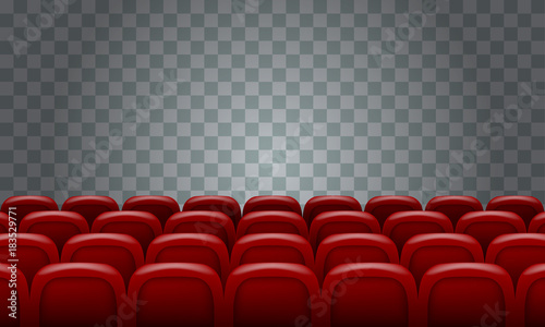 Realistic Rows of red cinema movie theater seats on transparent background.
