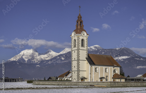Old church and mountains in background, Slovenia