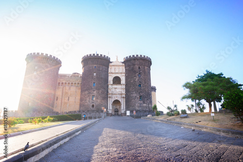 Medieval Castle Nuovo with sunshine, Naples Italy, retro toned