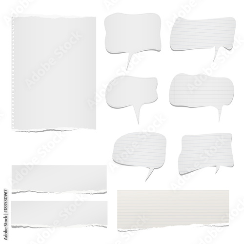 Ripped lined and blank note, notebook paper sheets with speech bubble for text or message stuck on white background