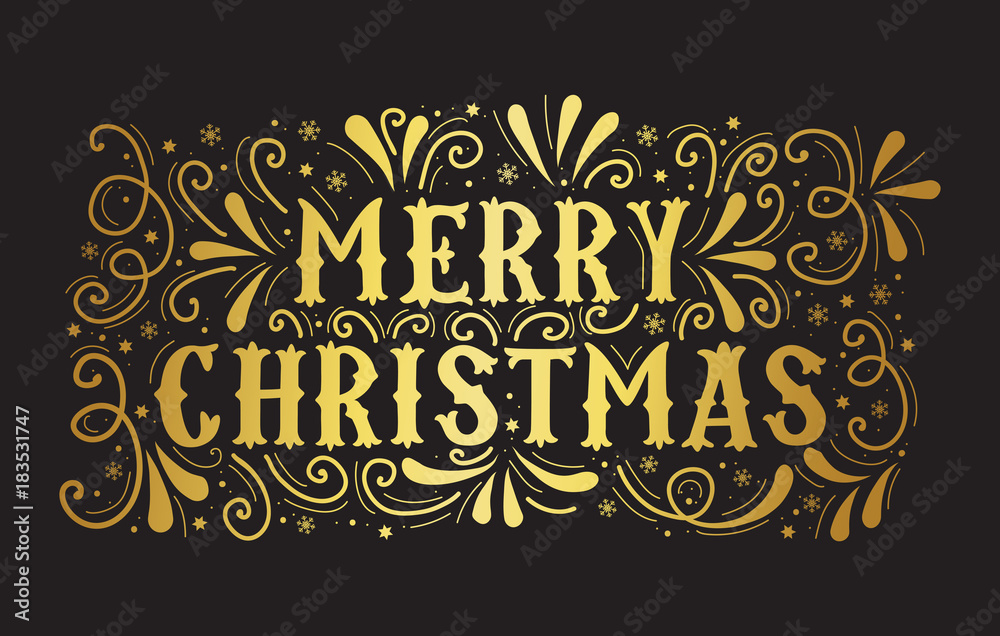 Vector decorative gold christmas lettering. Gold christmas Greeting card on black background